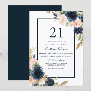 Invitation Marine & Blush Floral Élégant 21ème anniversaire f