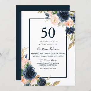 Invitation Marine & Blush Floral Élégant 50e anniversaire fêt