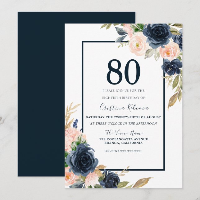 Invitation Marine & Blush Floral Élégant 80e anniversaire fêt (Devant / Derrière)