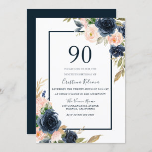 Invitation Marine & Blush Floral Elégant 90e anniversaire fêt