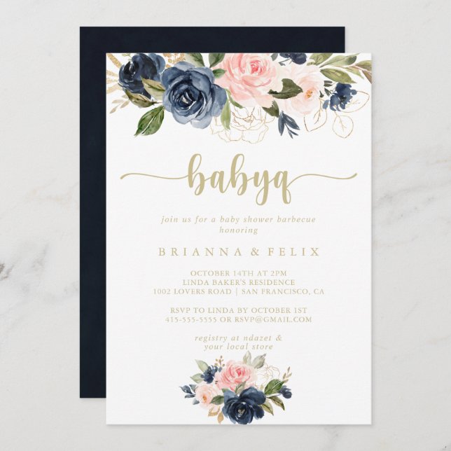 Invitation Marine Blush Floral Gold BabyQ Baby shower Barbecu (Devant / Derrière)