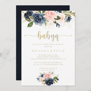Invitation Marine Blush Floral Gold BabyQ Baby shower Barbecu