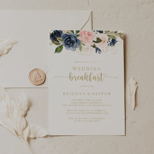 Invitation Marine Blush Floral Gold Mariage Petit-déjeuner