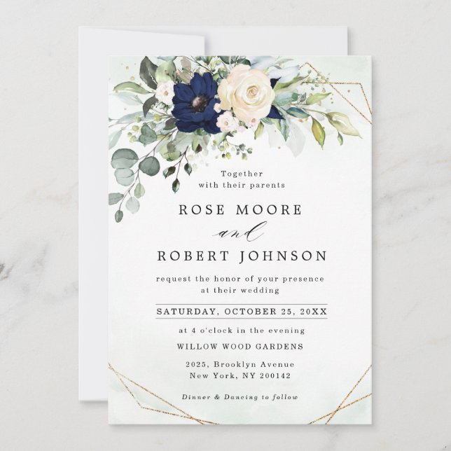 Invitation Marine Blush Floral Greenery Mariage géométrique (Devant)
