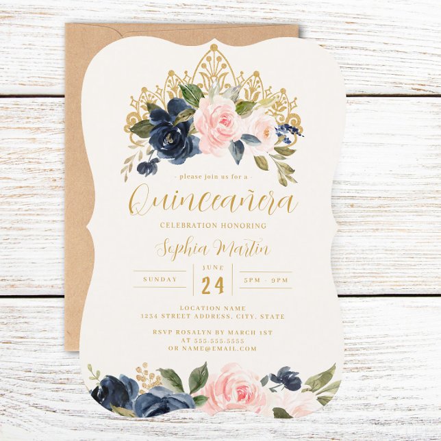 Invitation Marine Blush Floral Tiara Quinceanera (Créateur téléchargé)