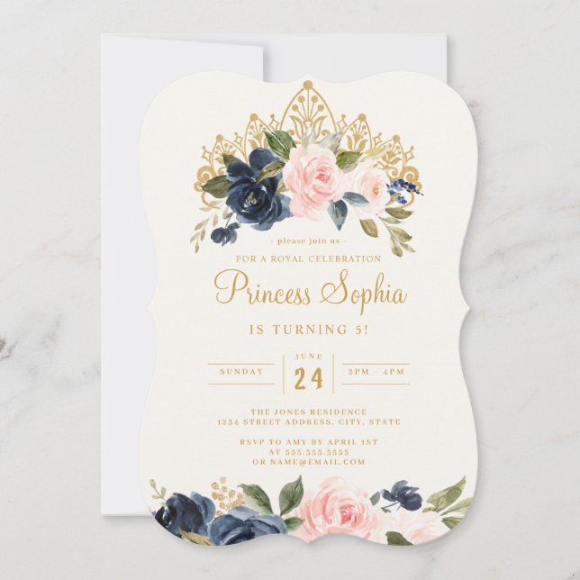 Invitation Marine Blush Princess Floral Tiara Anniversaire (Devant)