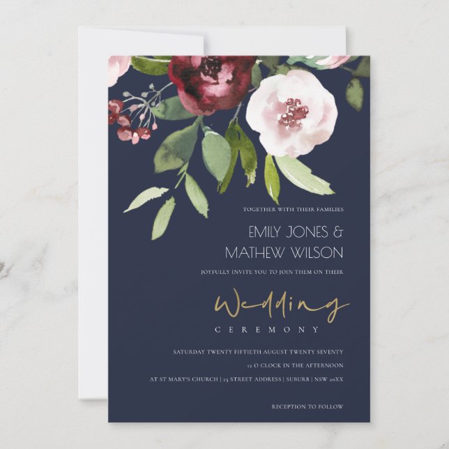 INVITATION MARINE BLUSH ROSE BURGUNDY PEONY MARIAGE FLORAL (Devant)