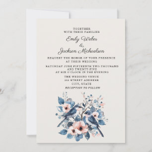 Invitation Marine Blush rose Floral Oiseaux Mariage
