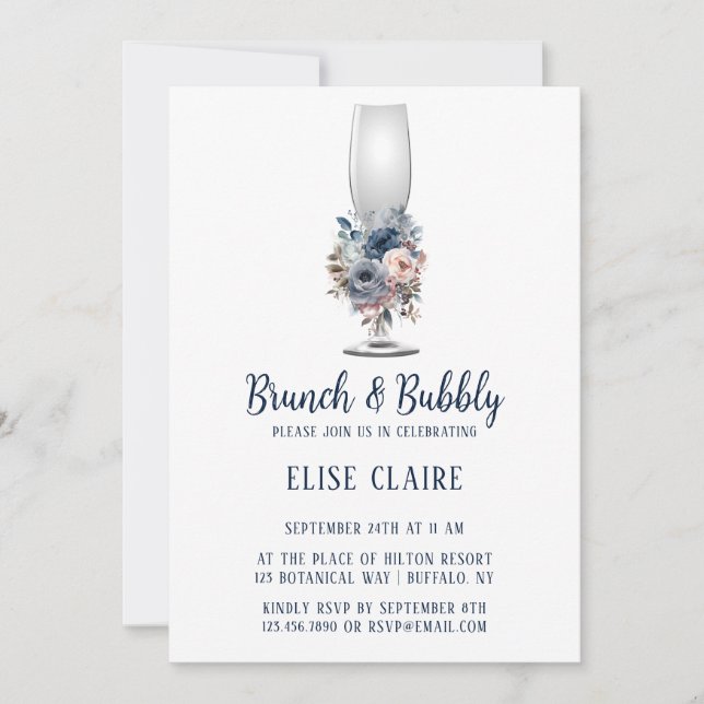 Invitation Marine Blush Roses Roses Rose Bleu Brunch & Bubbly (Devant)