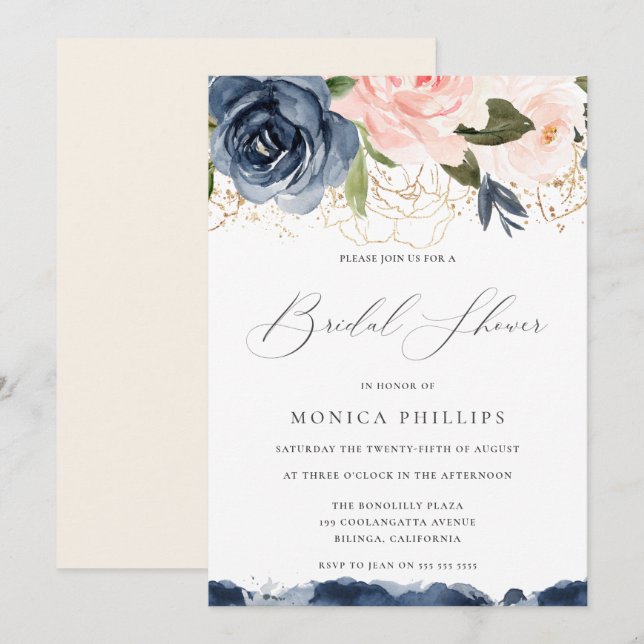 Invitation Marine & Blush Watercolor Florals Fête des mariées (Devant / Derrière)
