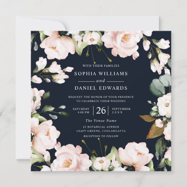 Invitation Marine & Blush Watercolor Flowers Mariage élégant (Devant)