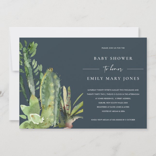 INVITATION MARINE BOHO SUCCULENT DESERT CACTI FAUNA BABY SHOW (Devant)