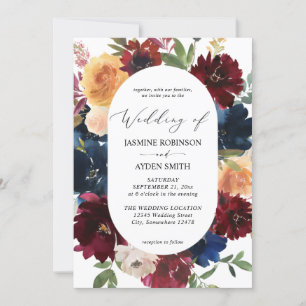 Invitation Marine, Bourgogne, BlushPink & Peach Floral 2 Mari