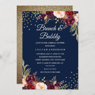 Invitation Marine Bourgogne Floral Confetti Brunch et Bubbly