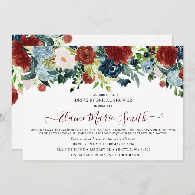 Invitation Marine Bourgogne Floral Drive Tru Fête des mariées (Devant / Derrière)