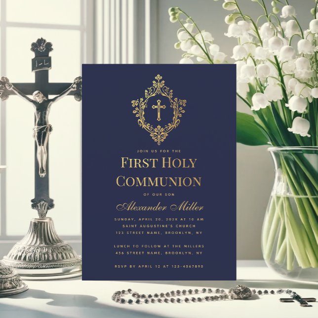 Invitation Marine Boy First Communion Faux Gold Cross in Cres (Créateur téléchargé)