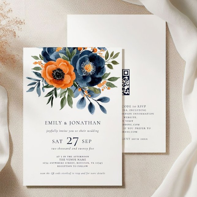 Invitation Marine Brûlé Orange Aquarelle Florals QR Mariage (Front and back view)
