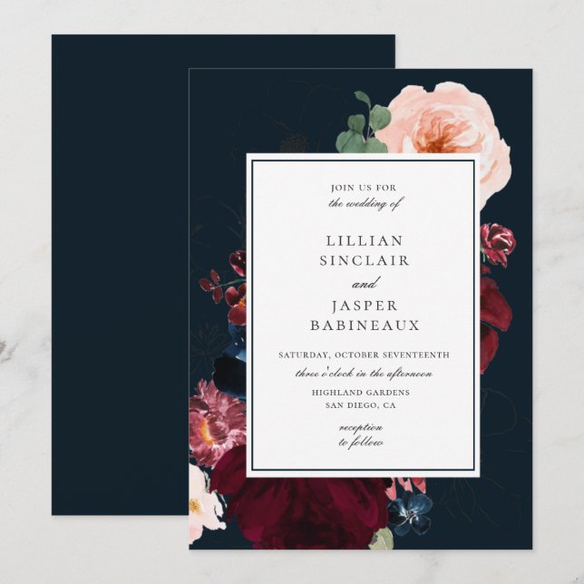 Invitation Marine Burgundy Blush Automne Floral Mariage (Devant / Derrière)