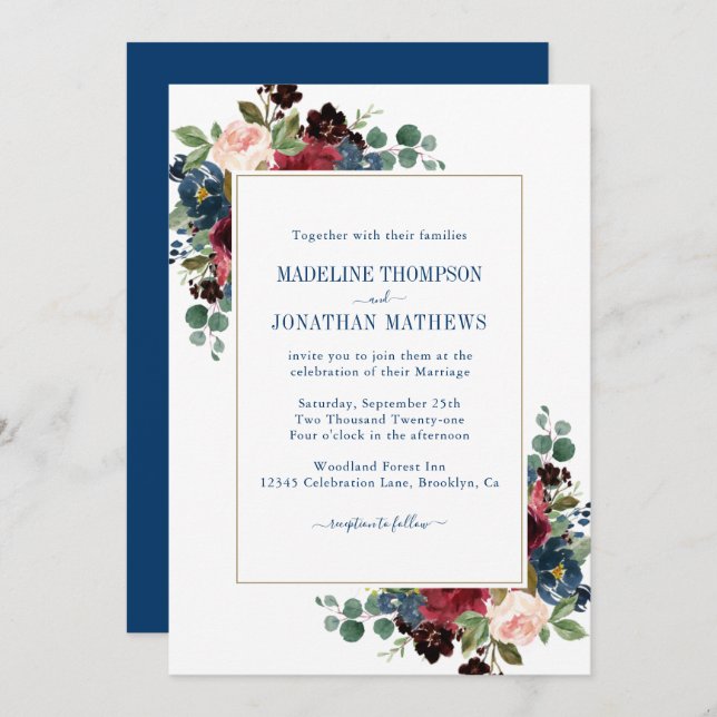 Invitation Marine Burgundy Blush Peonies Eucalyptus Mariage (Devant / Derrière)