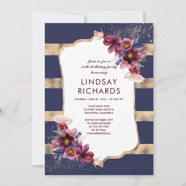 Invitation Marine Burgundy et Gold Florthday Party (Devant)