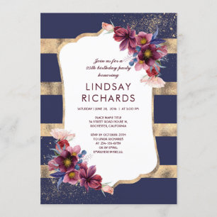 Invitation Marine Burgundy et Gold Florthday Party