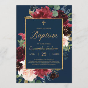 Invitation Marine burgundy floral brun cadre or cadre baptisé
