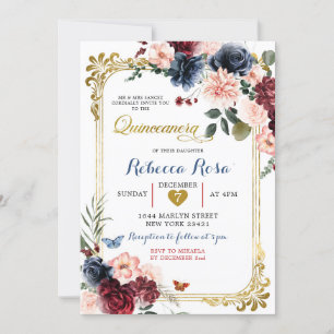 Invitation Marine Burgundy Floral Butterfly Quinceañera
