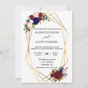 Invitation Marine Burgundy Gold Frame Mariage