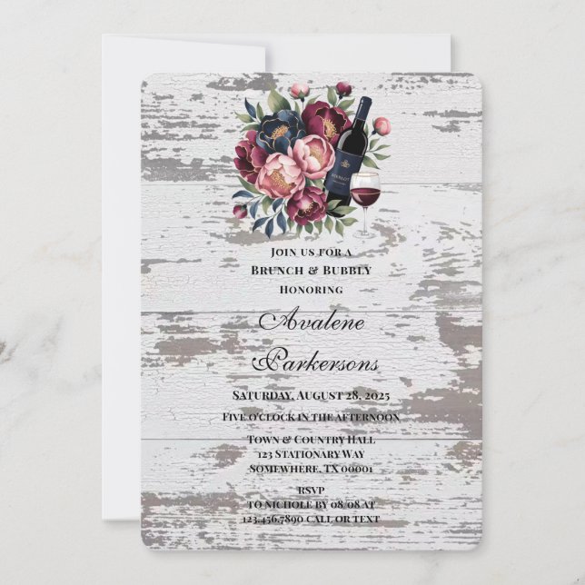 Invitation Marine Burgundy Pink Peony Bois Brunch & Bubbly (Devant)