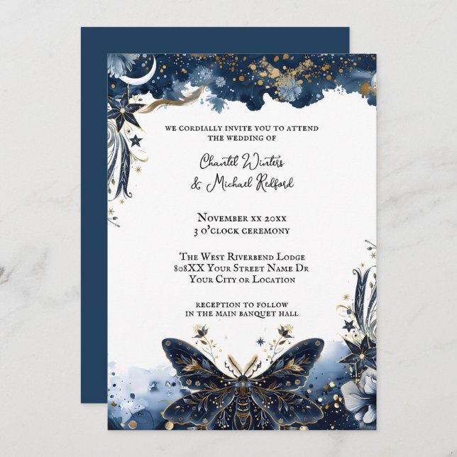 Invitation Marine céleste Bleu et Mousse d'or Mariage romanti (Devant / Derrière)