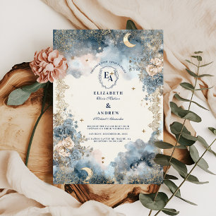 Invitation Marine céleste et Mariage floral d'or