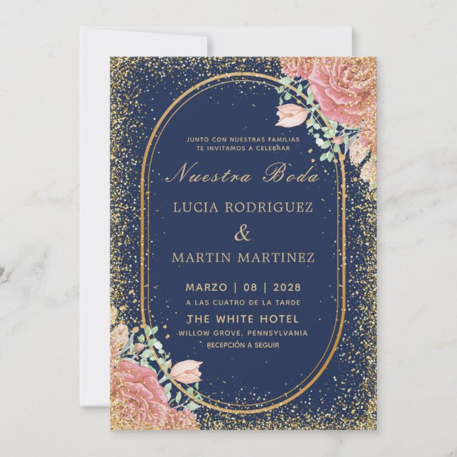 Invitation Marine Chic Floral Gold cadre Parties scintillant  (Devant)