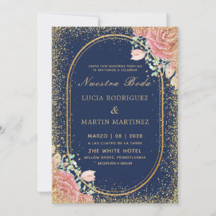Invitation Marine Chic Floral Gold cadre Parties scintillant