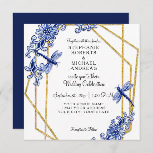 Invitation Marine Chinoiserie Dragonfly Chine Floral Aquarell