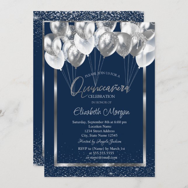 Invitation Marine Confetti Balloons Quinceañera (Devant / Derrière)