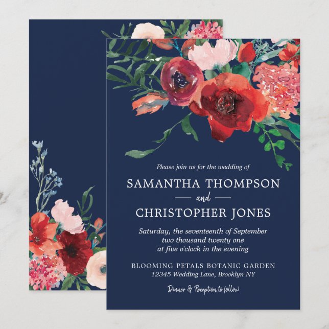 Invitation Marine Coral bleu Bourgogne Floral Aquarelle Maria (Devant / Derrière)