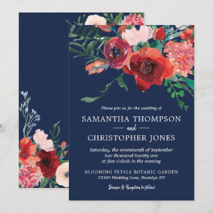 Invitation Marine Coral bleu Bourgogne Floral Aquarelle Maria