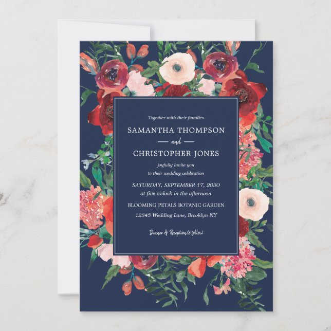 Invitation Marine Coral bleu Floral Aquarelle Mariage moderne (Devant)
