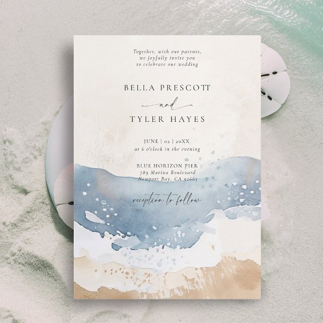Invitation Marine Côtière Ocean Beach Vague Sable Mariage élé (coastal wedding invitation modern minimalist elegant beach ocean waves sand navy blue teal beige)