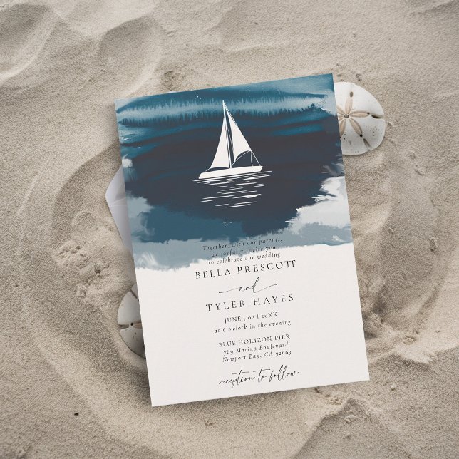Invitation Marine Côtière Ocean Beach Voilier Mariage élégant (coastal wedding invitation modern minimalist elegant beach ocean waves boat sail sailing navy blue)