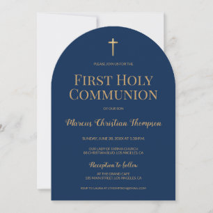Invitation Marine Croix d'or bleu Boy Première communion sain