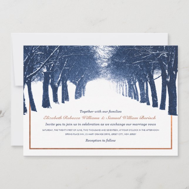 Invitation Marine Cuivre Hiver Arbres Avenue Mariage Inviter (Devant)