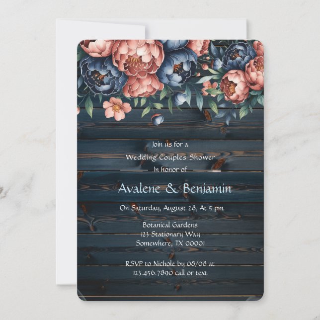 Invitation Marine & Cuivre Peony Bois Mariage Couples Douche (Devant)