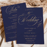 Invitation Marine d'or chic tout en un mariage de calligraphi<br><div class="desc">Chic et élégant faux feuille d'or tout en un faire-part de mariage de calligraphie avec rsvp,  hébergement,  détails,  et plus d'infos. Avec un magnifique script de calligraphie de brosse sur le bleu marine modifiable.</div>
