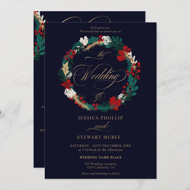 Invitation Marine d'or d'hiver tout en un mariage de calligra (Devant / Derrière)