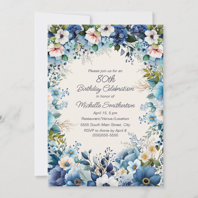 Invitation Marine Dusty Bleu Blanc Floral 75e anniversaire (Devant)