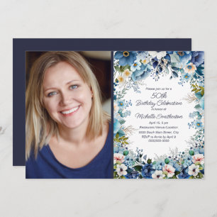 Invitation Marine Dusty Bleu Blanc Flore 50e anniversaire Pho