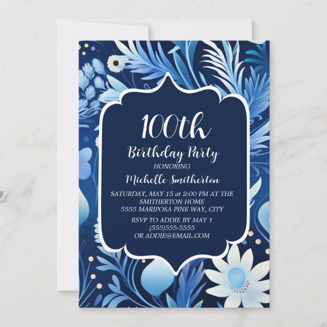 Invitation Marine Dusty Blue Floral 100e anniversaire (Devant)