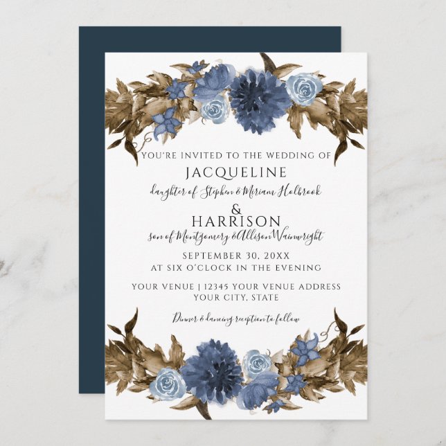 Invitation Marine Dusty Blue Floral Automne Sepia Mariage ver (Devant / Derrière)