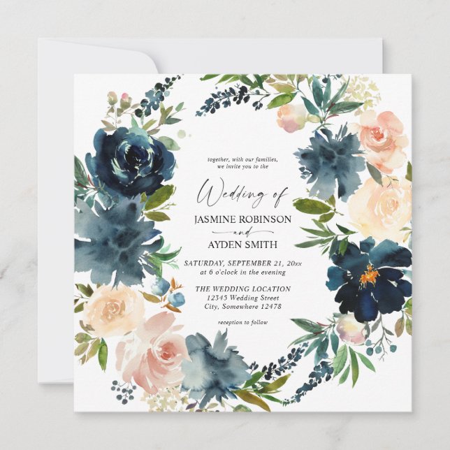 Invitation Marine, Dusty Blue & Pink Floral 2 Mariage Carré (Devant)